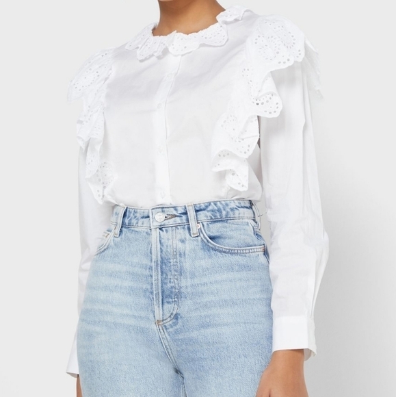 Mango MNG Ruffle Eyelet Lace Trim Blouse White Boho Prairie Women's Size 10 - Picture 2 of 9